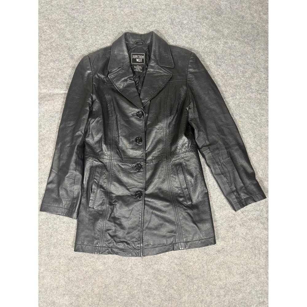 Junction West Black Leatherโ Button Front Trench Coat Jacket Womens Size S